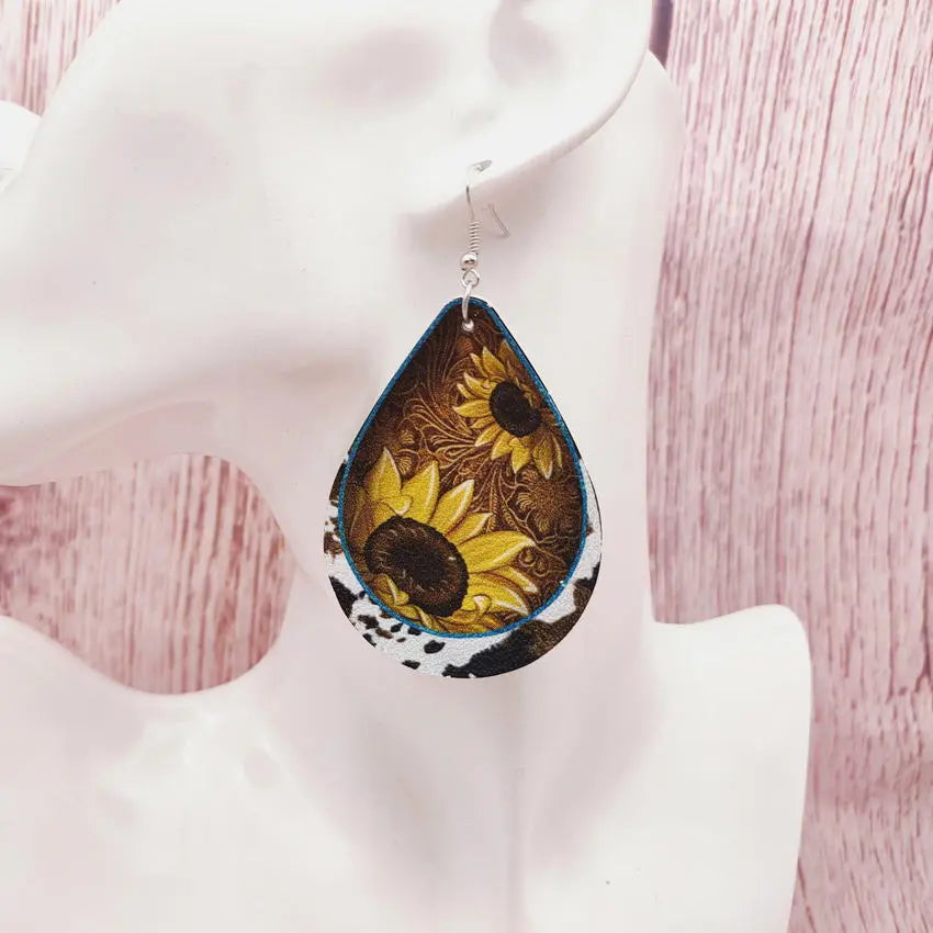 Western Wind Cow Pattern Sunflower Leather Droplet Earrings Earrings, European and American Cross border Popular Jewelry Wholesale AQP-STORE