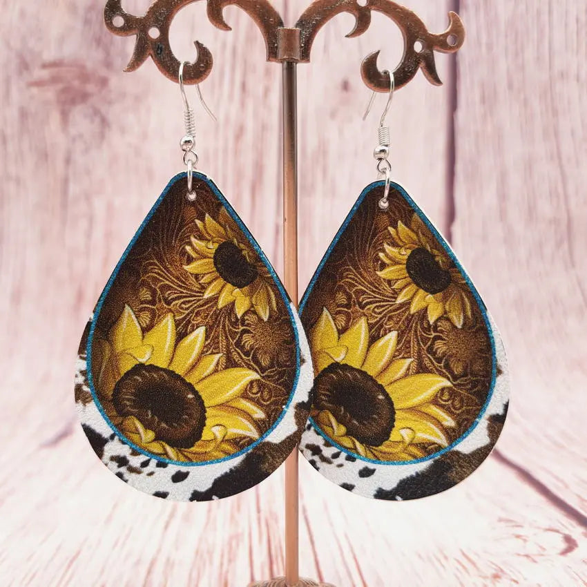 Western Wind Cow Pattern Sunflower Leather Droplet Earrings Earrings, European and American Cross border Popular Jewelry Wholesale AQP-STORE