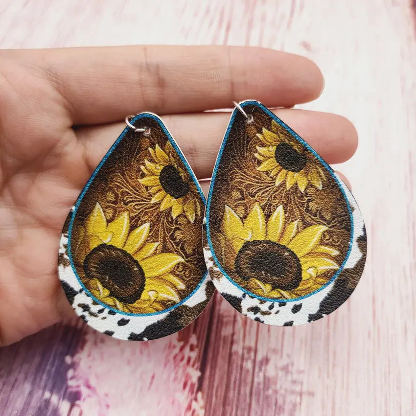 Western Wind Cow Pattern Sunflower Leather Droplet Earrings Earrings, European and American Cross border Popular Jewelry Wholesale AQP-STORE
