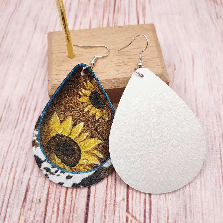 Western Wind Cow Pattern Sunflower Leather Droplet Earrings Earrings, European and American Cross border Popular Jewelry Wholesale AQP-STORE