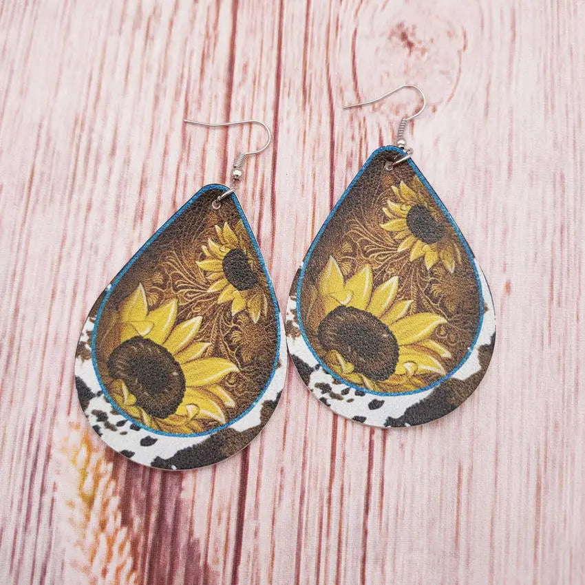 Western Wind Cow Pattern Sunflower Leather Droplet Earrings Earrings, European and American Cross border Popular Jewelry Wholesale AQP-STORE