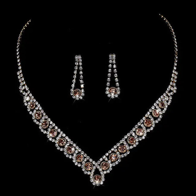 Necklace and earring set with European and American style woven rhinestone collarbone necklace, bridal accessory chain with diamond inlaid banquet set chain AQP-STORE