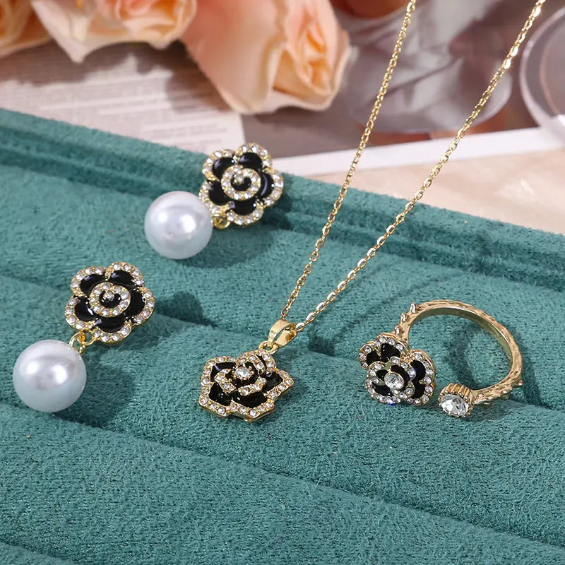 Camellia Earrings, Ring Necklace Combination, Three Piece Set with Diamond Jewelry, Personalized Opening, Fashionable Jewelry, Women's High Grade Feeling AQP-STORE