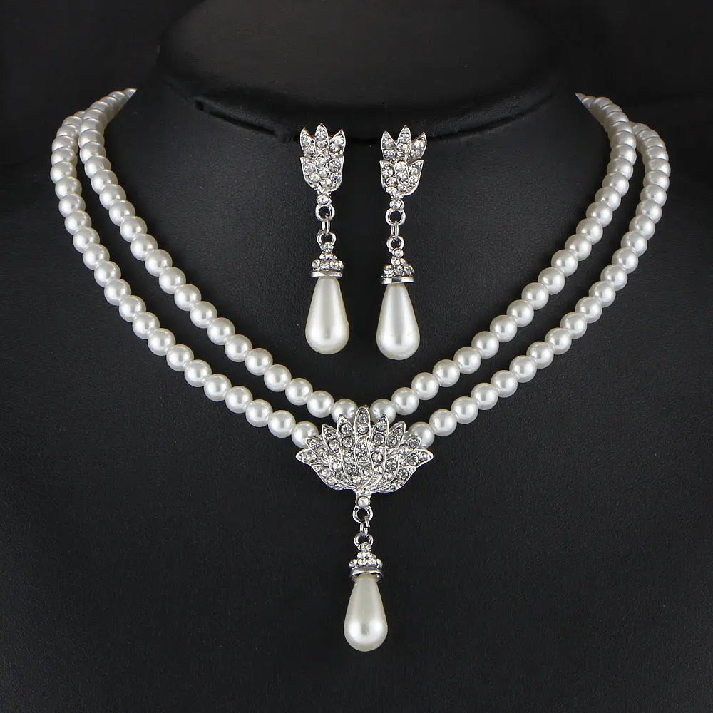 European and American cross-border jewelry bride pearl necklace 3-piece set with crystal inlaid diamond short collarbone neck necklace set AQP-STORE