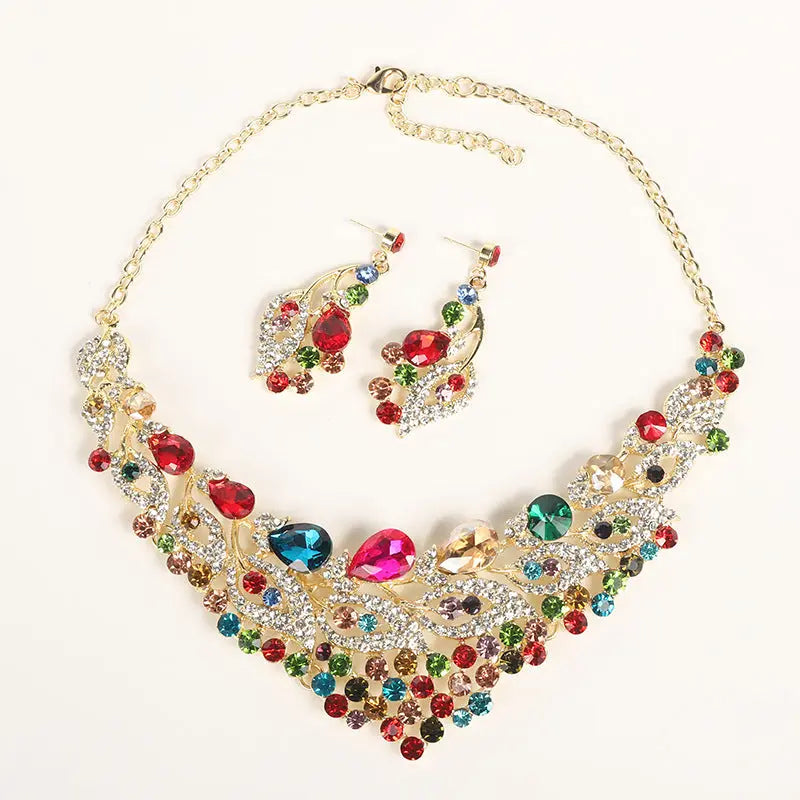 Luxury colored necklaces and earrings set in Europe and America, exaggerated bride jewelry manufacturer, in stock with diamond inlay AQP-STORE