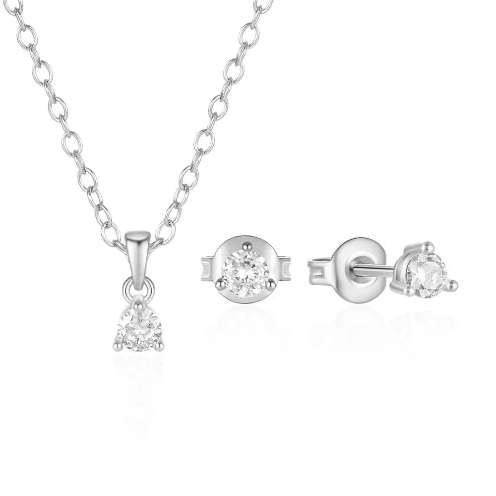 S925 sterling silver simple classic three claw inlaid zircon necklace+earring combination versatile earring necklace set AQP-STORE