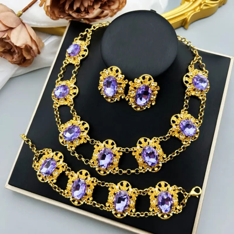 Medieval Vintage French Elegant and Mysterious Purple Glass Oval Jewelry Set Necklace Earrings Bracelet AQP-STORE