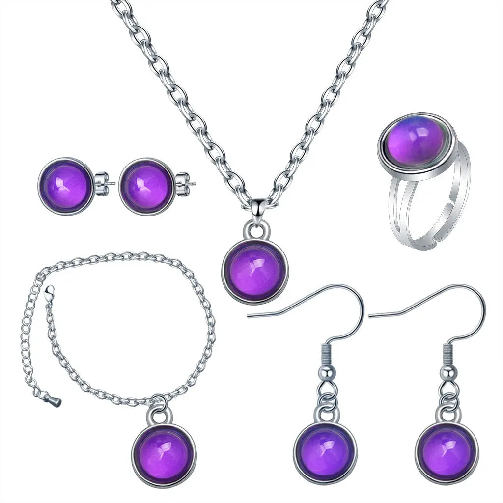 Cross border hot selling fashionable and sweet gemstones, temperature sensitive color changing set, earrings, necklaces, rings, bracelets, jewelry, five piece set AQP-STORE