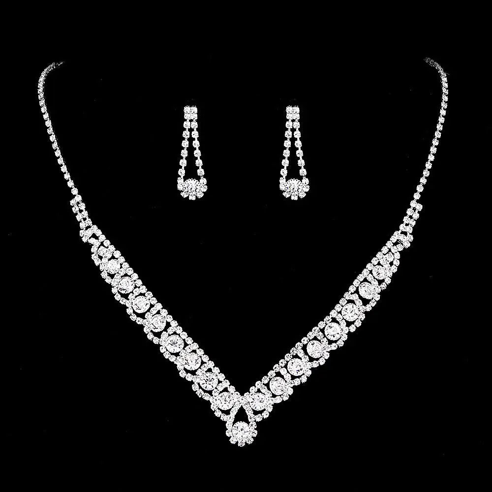 Necklace and earring set with European and American style woven rhinestone collarbone necklace, bridal accessory chain with diamond inlaid banquet set chain AQP-STORE