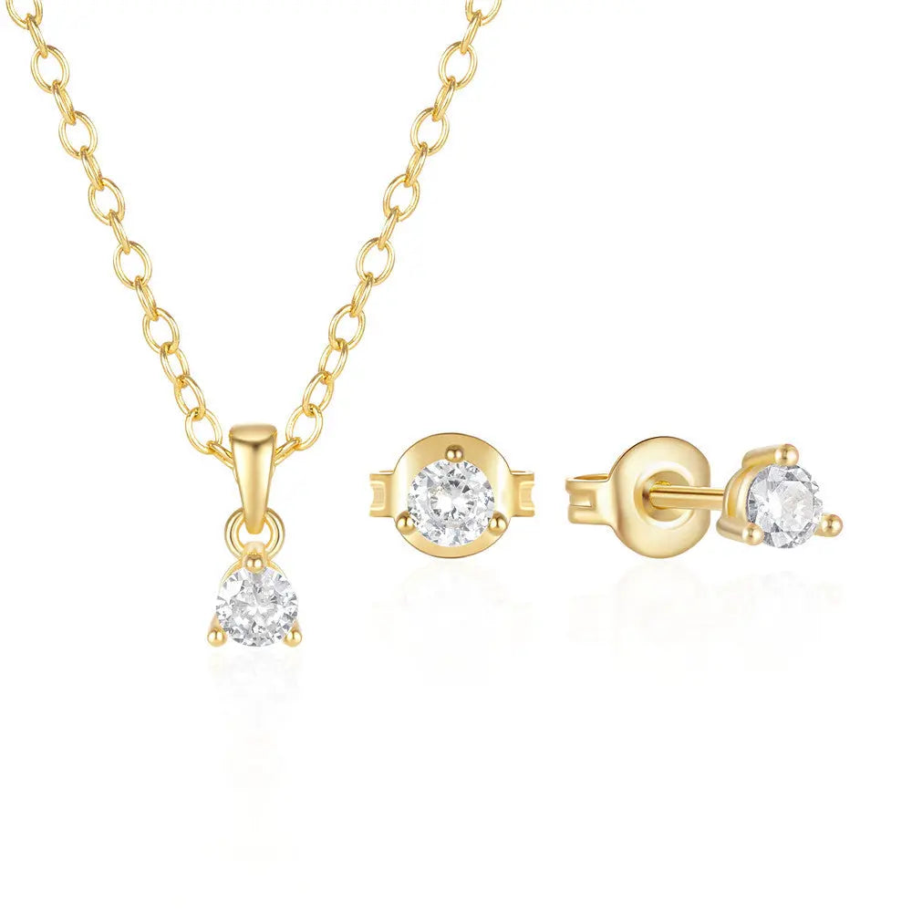 S925 sterling silver simple classic three claw inlaid zircon necklace+earring combination versatile earring necklace set AQP-STORE