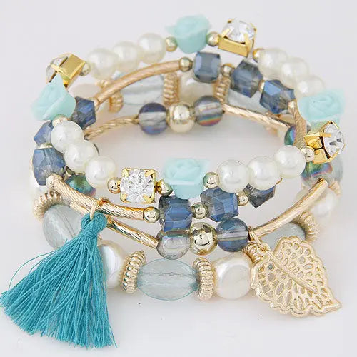 New European and American Metal Crystal Beads, Pearls, Flowers, Leaves, Versatile Style, Tassels, Multi layered Woven Bracelets, Bracelets for Women AQP-STORE