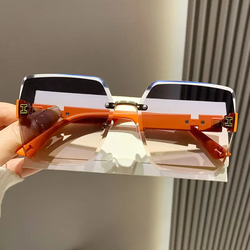 European and American style gradient sunglasses for women, UV protection, large frameless sunglasses, sun protection glasses, big face slimming AQP-STORE