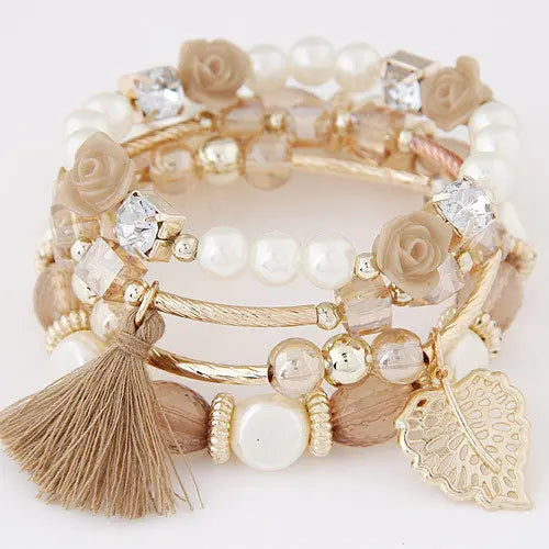 New European and American Metal Crystal Beads, Pearls, Flowers, Leaves, Versatile Style, Tassels, Multi layered Woven Bracelets, Bracelets for Women AQP-STORE