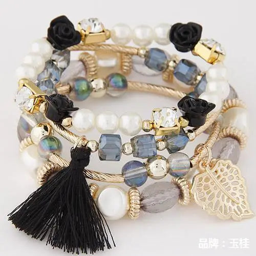 New European and American Metal Crystal Beads, Pearls, Flowers, Leaves, Versatile Style, Tassels, Multi layered Woven Bracelets, Bracelets for Women AQP-STORE