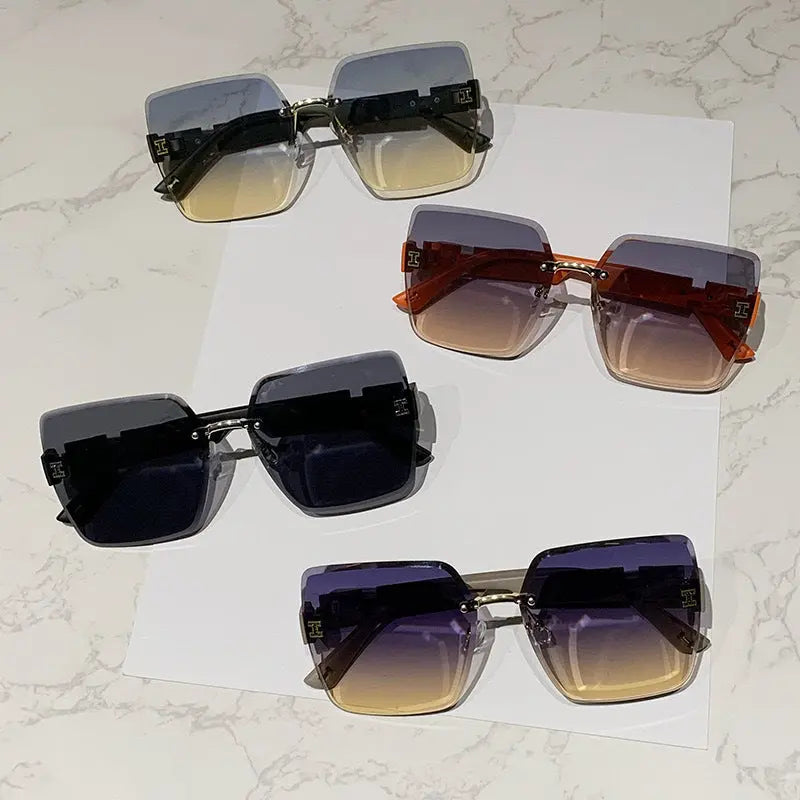 European and American style gradient sunglasses for women, UV protection, large frameless sunglasses, sun protection glasses, big face slimming AQP-STORE