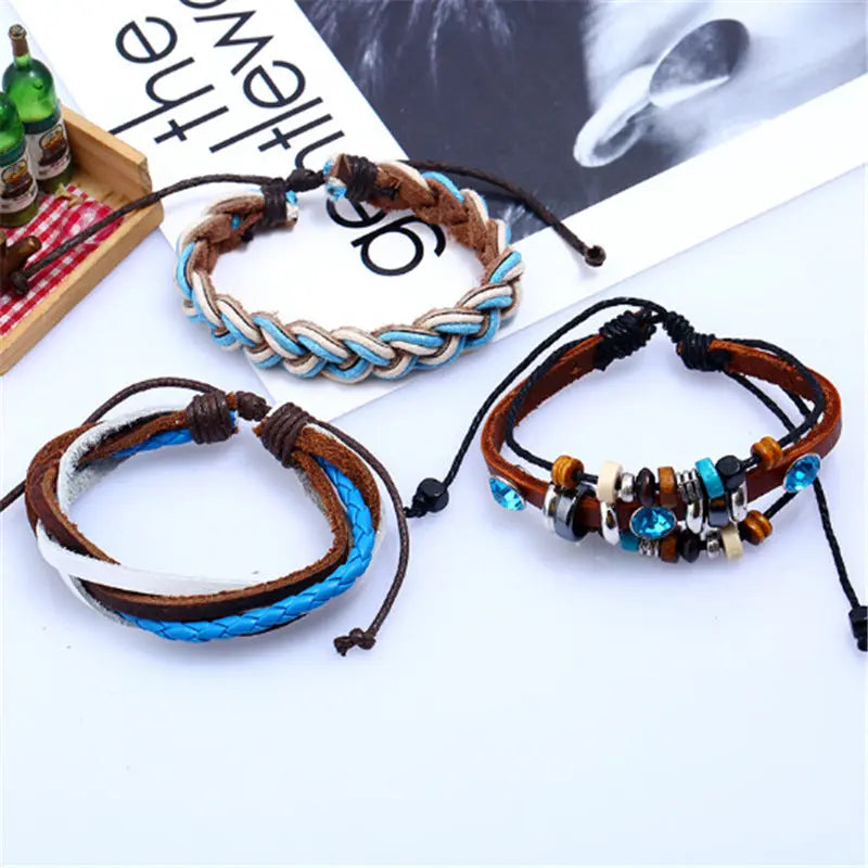 Wholesale DIY multi-layer woven cowhide bracelets for European and American accessories, cross-border e-commerce supply, women's sets, genuine leather bracelets AQP-STORE