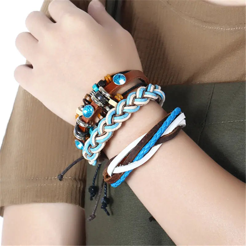 Wholesale DIY multi-layer woven cowhide bracelets for European and American accessories, cross-border e-commerce supply, women's sets, genuine leather bracelets AQP-STORE