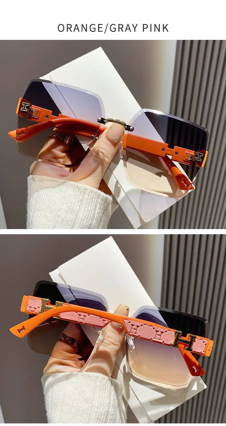 European and American style gradient sunglasses for women, UV protection, large frameless sunglasses, sun protection glasses, big face slimming AQP-STORE