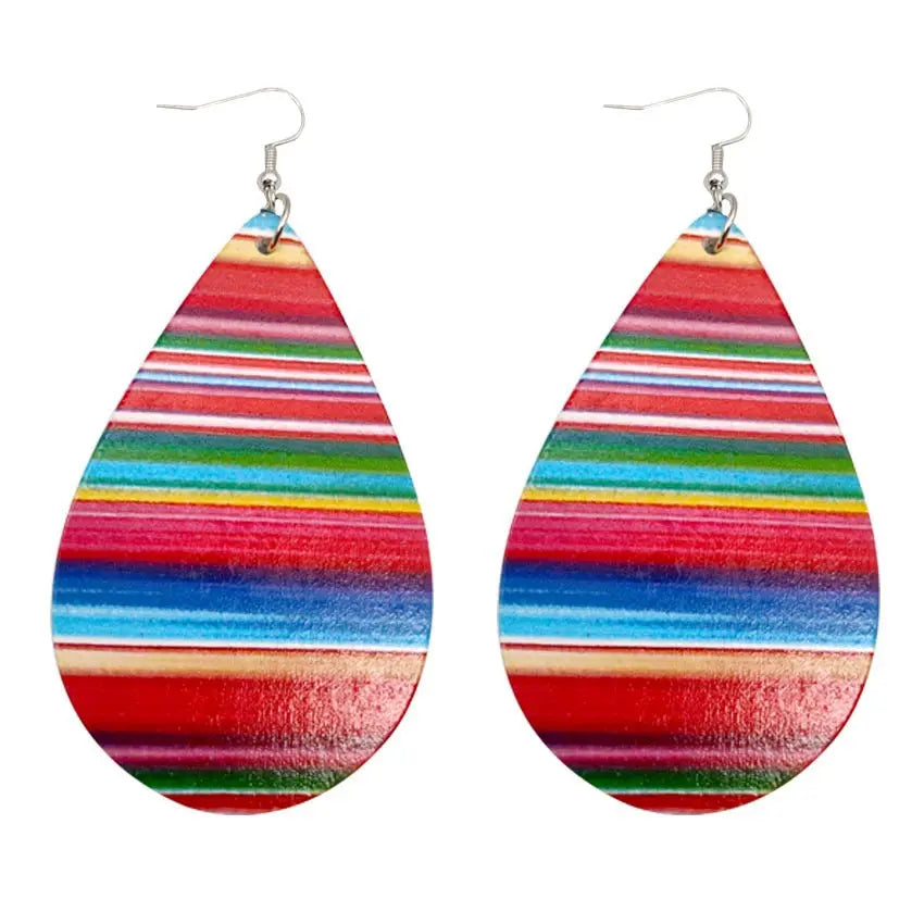 Hot selling colored striped large water drop wooden earrings in Europe and America, single-sided colored printed cactus earrings for women AQP-STORE