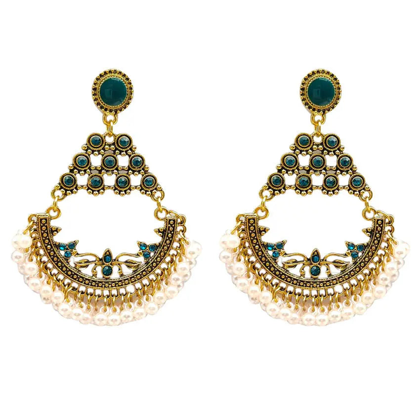 New Creative Retro Half Round Beaded Alloy Earrings Personalized Peacock Bell Hollow Geometric Tassel Earrings AQP-STORE
