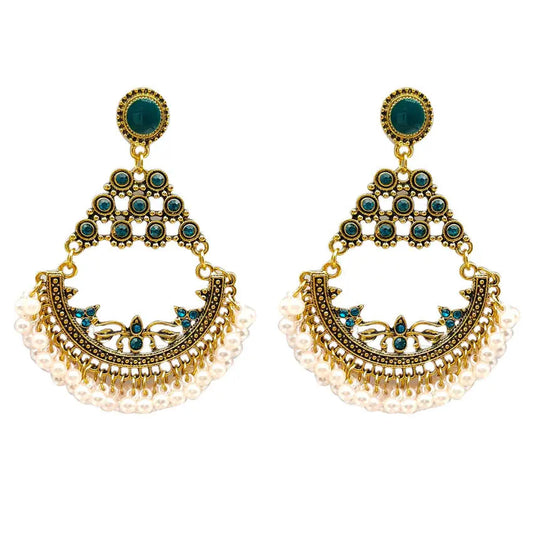 New Creative Retro Half Round Beaded Alloy Earrings Personalized Peacock Bell Hollow Geometric Tassel Earrings AQP-STORE