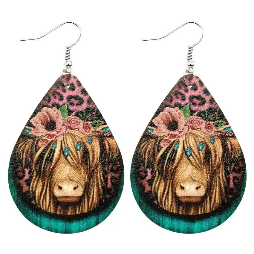 New Western Farm Animal Cow Pattern Leather Droplet Earrings for Women's Cow Earrings AQP-STORE