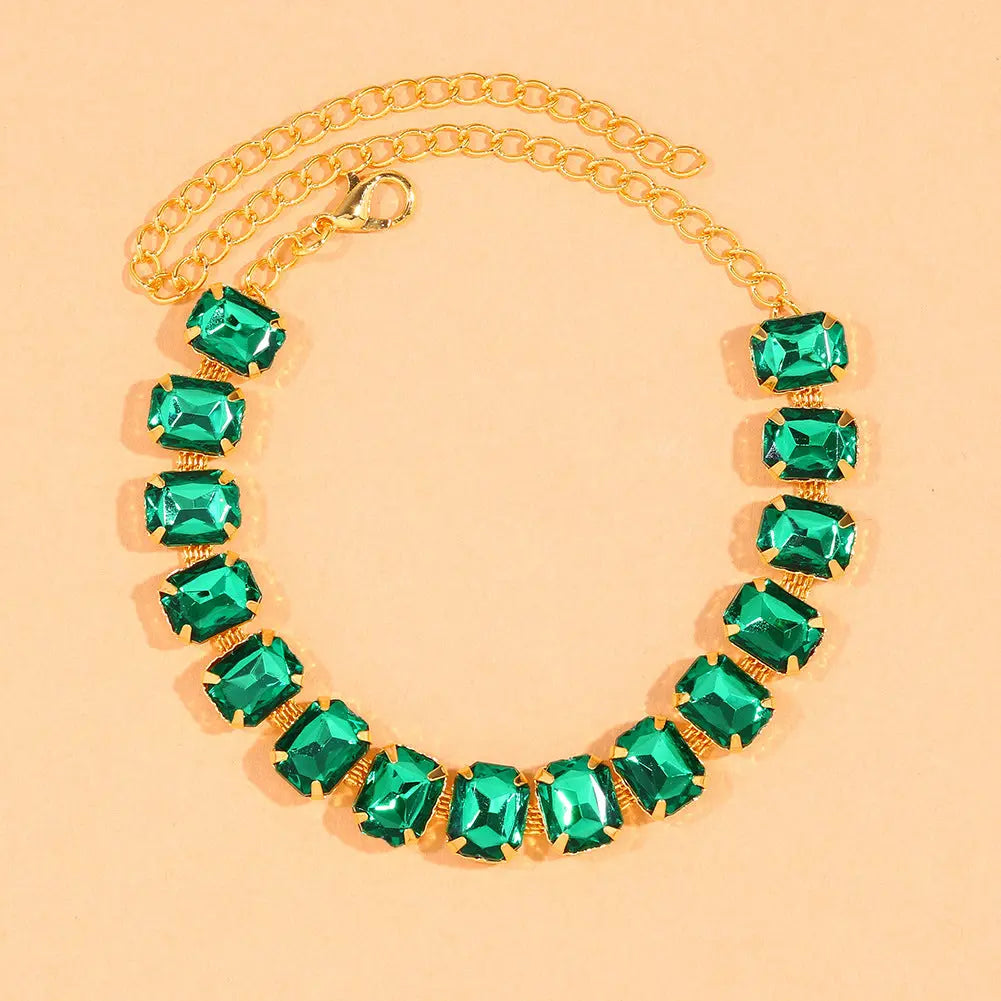 Cross border European and American New Crystal Colored Feet Chain Women's Fashion High Heels Square Feet Chain Shining Accessories Anklet AQP-STORE