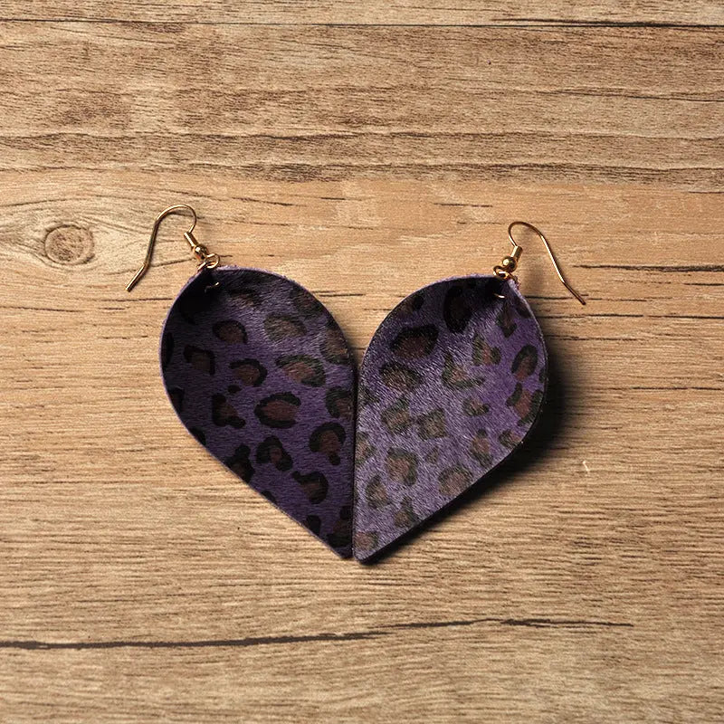 Cross-border European and American leopard print earrings fashionable horse hair leopard print leather leaf earrings jewelry cowhide earrings AQP-STORE