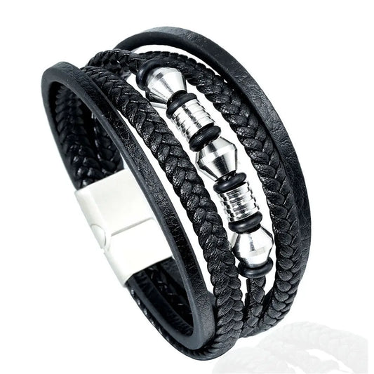 European and American stainless steel leather cord bracelet, men's multi-layer woven leather bracelet, magnet buckle bracelet AQP-STORE