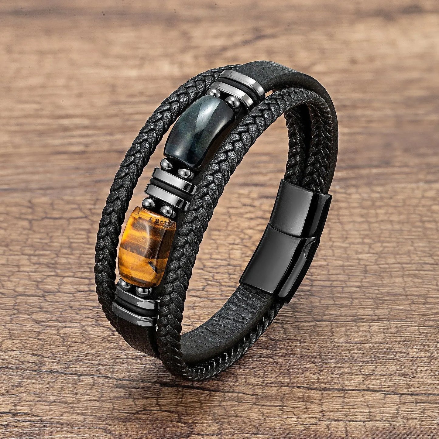 Cross-border hot sale exclusive tiger eye bracelet for men multi-layered leather rope bracelet bracelet European and American stainless steel magnet clasp hand jewelry AQP-STORE