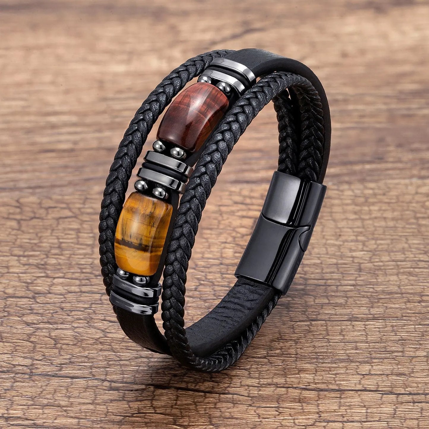 Cross-border hot sale exclusive tiger eye bracelet for men multi-layered leather rope bracelet bracelet European and American stainless steel magnet clasp hand jewelry AQP-STORE