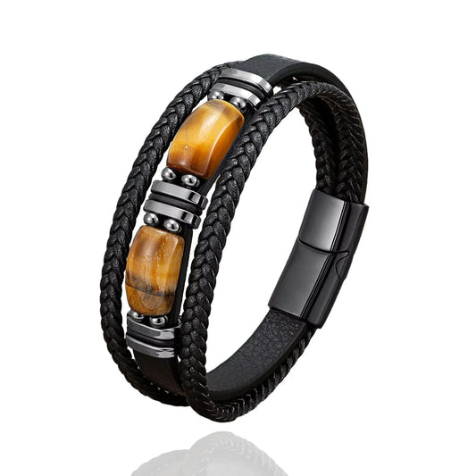 Cross-border hot sale exclusive tiger eye bracelet for men multi-layered leather rope bracelet bracelet European and American stainless steel magnet clasp hand jewelry AQP-STORE