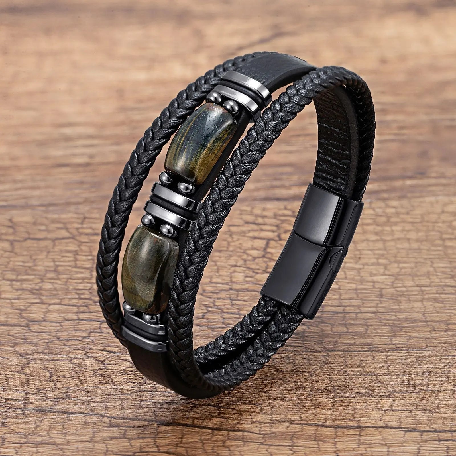 Cross-border hot sale exclusive tiger eye bracelet for men multi-layered leather rope bracelet bracelet European and American stainless steel magnet clasp hand jewelry AQP-STORE