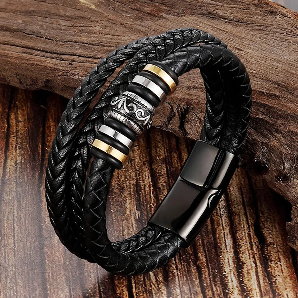 Cross-border foreign trade ethnic style jewelry stainless steel bracelet men's multi-layer braided leather rope titanium steel magnetic buckle bracelet wholesale bracelets AQP-STORE