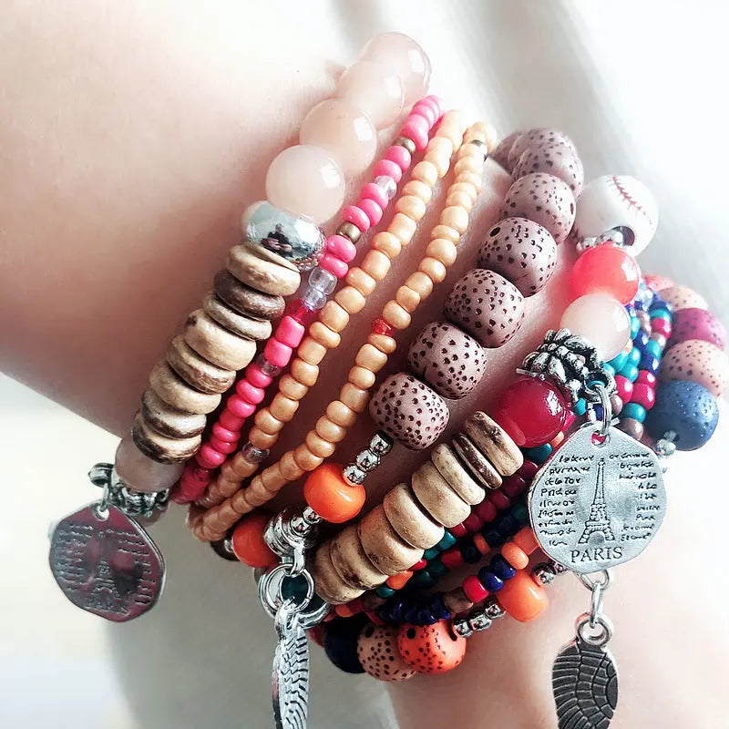 cross-border fashion colorful bohemian ethnic style bracelets for women multi-layer elastic rice beads European and American accessories AQP-STORE