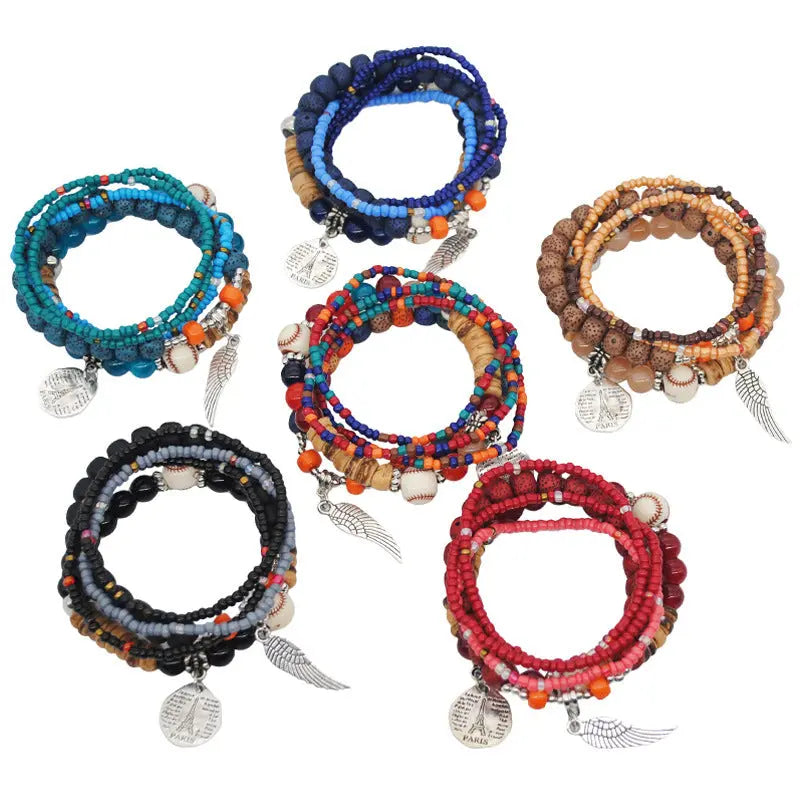 cross-border fashion colorful bohemian ethnic style bracelets for women multi-layer elastic rice beads European and American accessories AQP-STORE