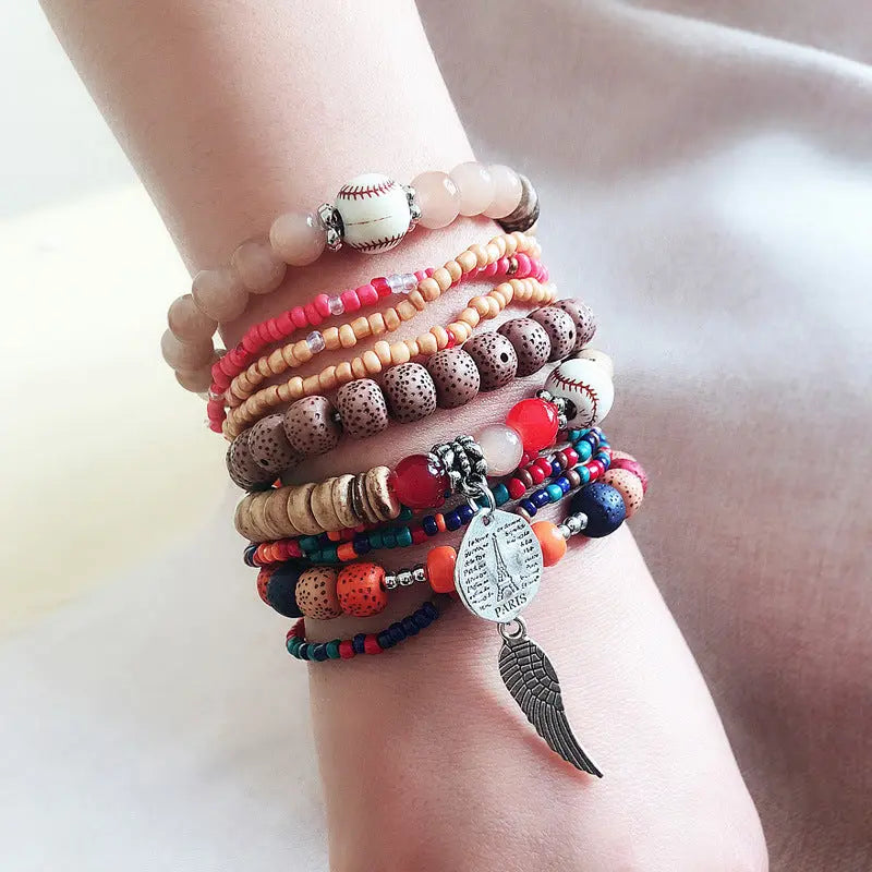 cross-border fashion colorful bohemian ethnic style bracelets for women multi-layer elastic rice beads European and American accessories AQP-STORE