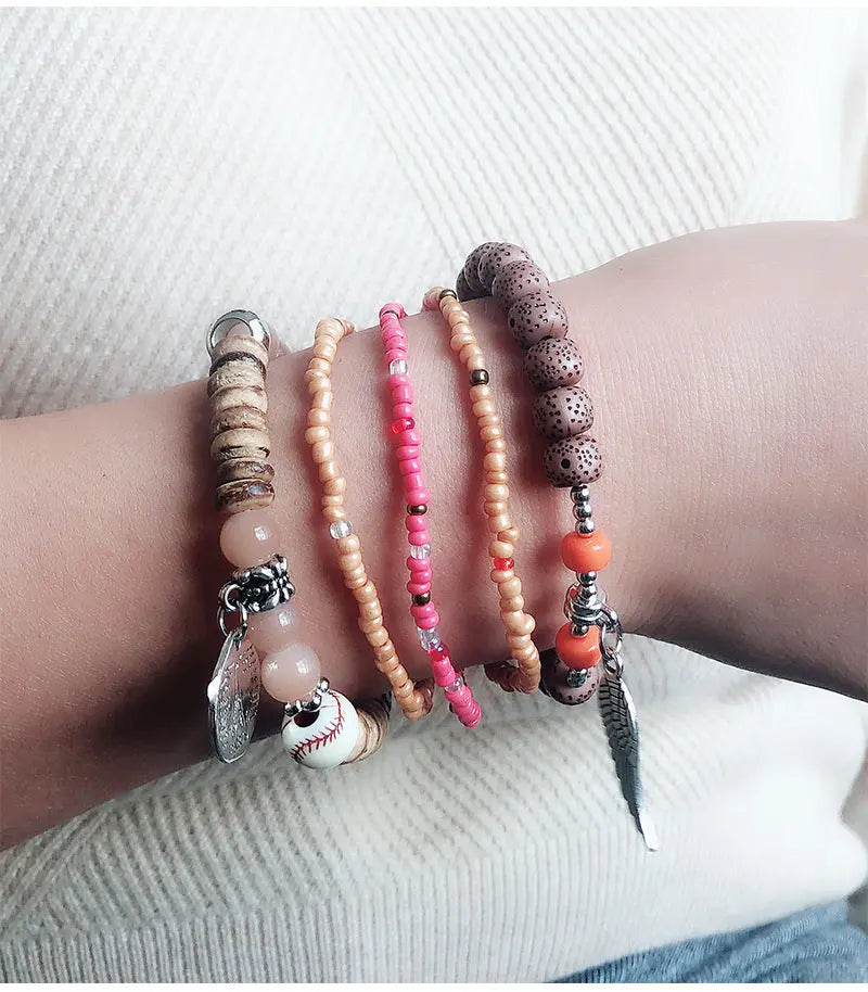 cross-border fashion colorful bohemian ethnic style bracelets for women multi-layer elastic rice beads European and American accessories AQP-STORE
