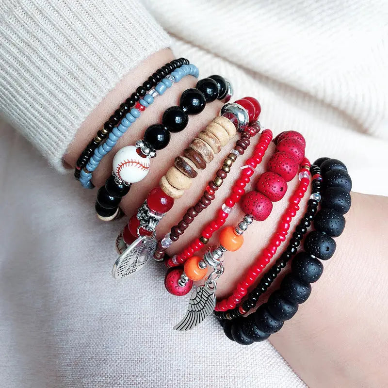 cross-border fashion colorful bohemian ethnic style bracelets for women multi-layer elastic rice beads European and American accessories AQP-STORE