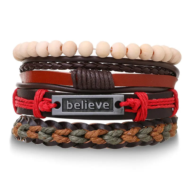 2125 European and American foreign trade retro multi-layer adjustable leather beaded bracelet hand-woven men's bracelet jewelry wholesale AQP-STORE