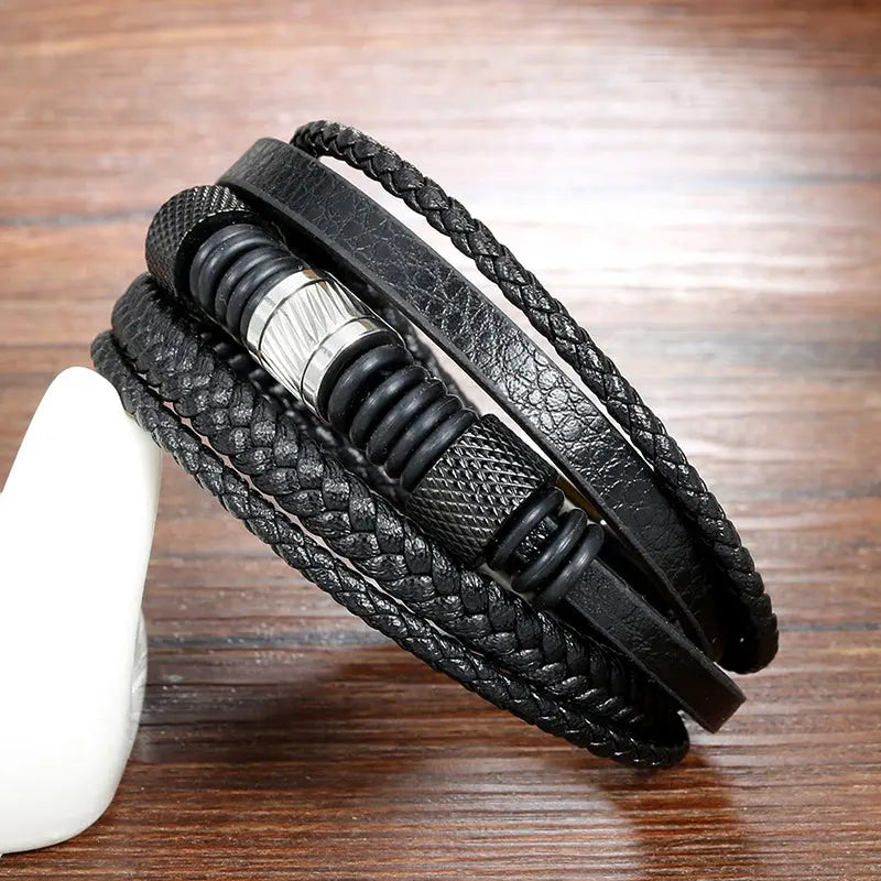 Cross-border jewelry, stainless steel bracelet, multi-layered black leather braided bracelet, European and American popular men's bracelet AQP-STORE