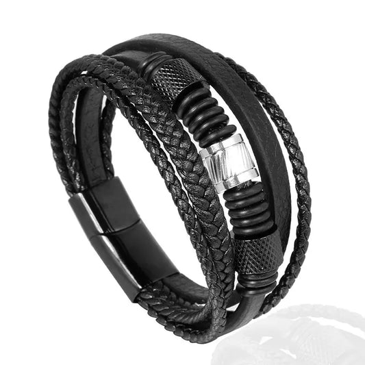 Cross-border jewelry, stainless steel bracelet, multi-layered black leather braided bracelet, European and American popular men's bracelet AQP-STORE