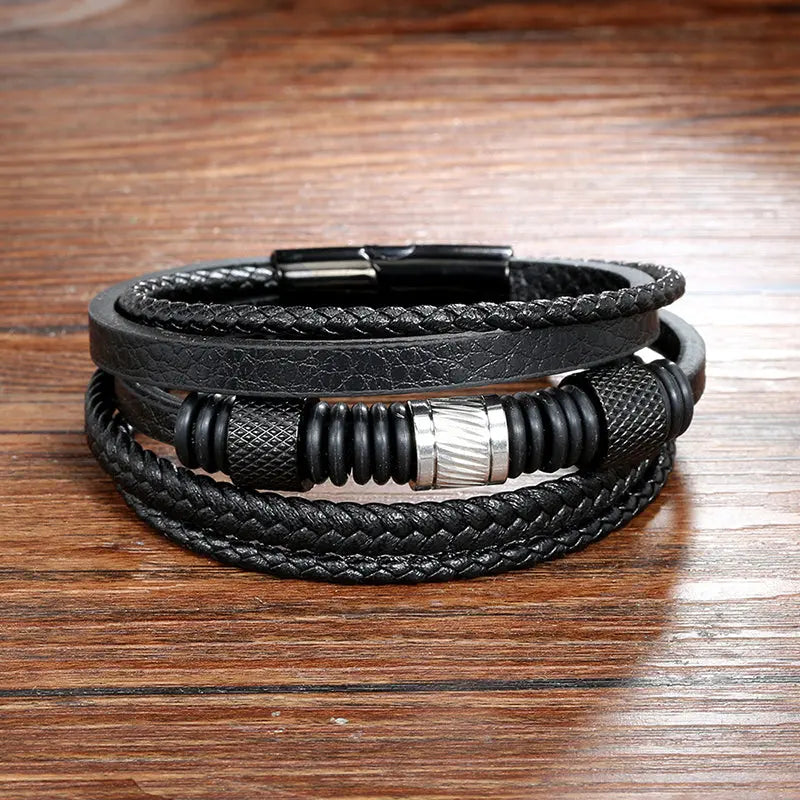 Cross-border jewelry, stainless steel bracelet, multi-layered black leather braided bracelet, European and American popular men's bracelet AQP-STORE