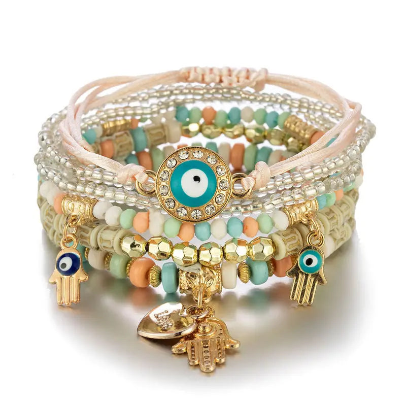 Cross-border hot selling European and American trendy hand accessories Bohemian style multi-layered metal palm devil's eye bracelet set AQP-STORE