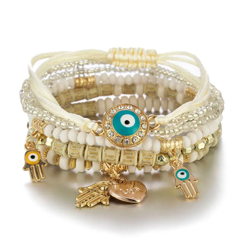 Cross-border hot selling European and American trendy hand accessories Bohemian style multi-layered metal palm devil's eye bracelet set AQP-STORE