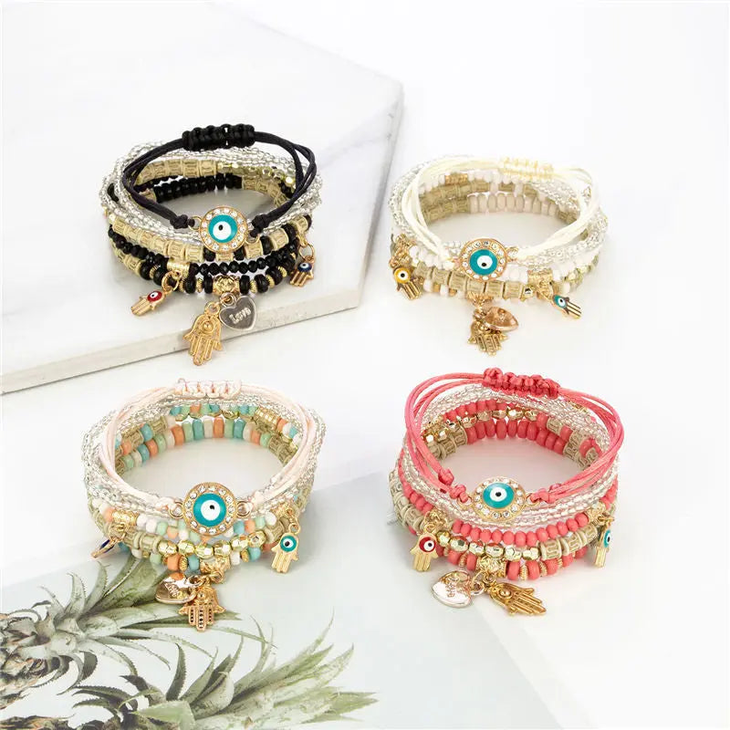 Cross-border hot selling European and American trendy hand accessories Bohemian style multi-layered metal palm devil's eye bracelet set AQP-STORE