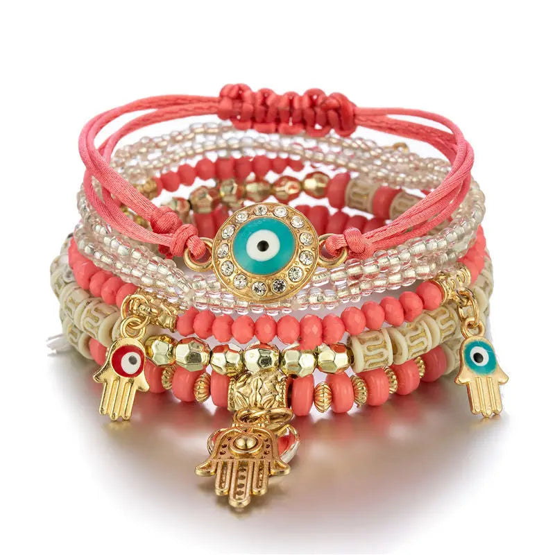 Cross-border hot selling European and American trendy hand accessories Bohemian style multi-layered metal palm devil's eye bracelet set AQP-STORE
