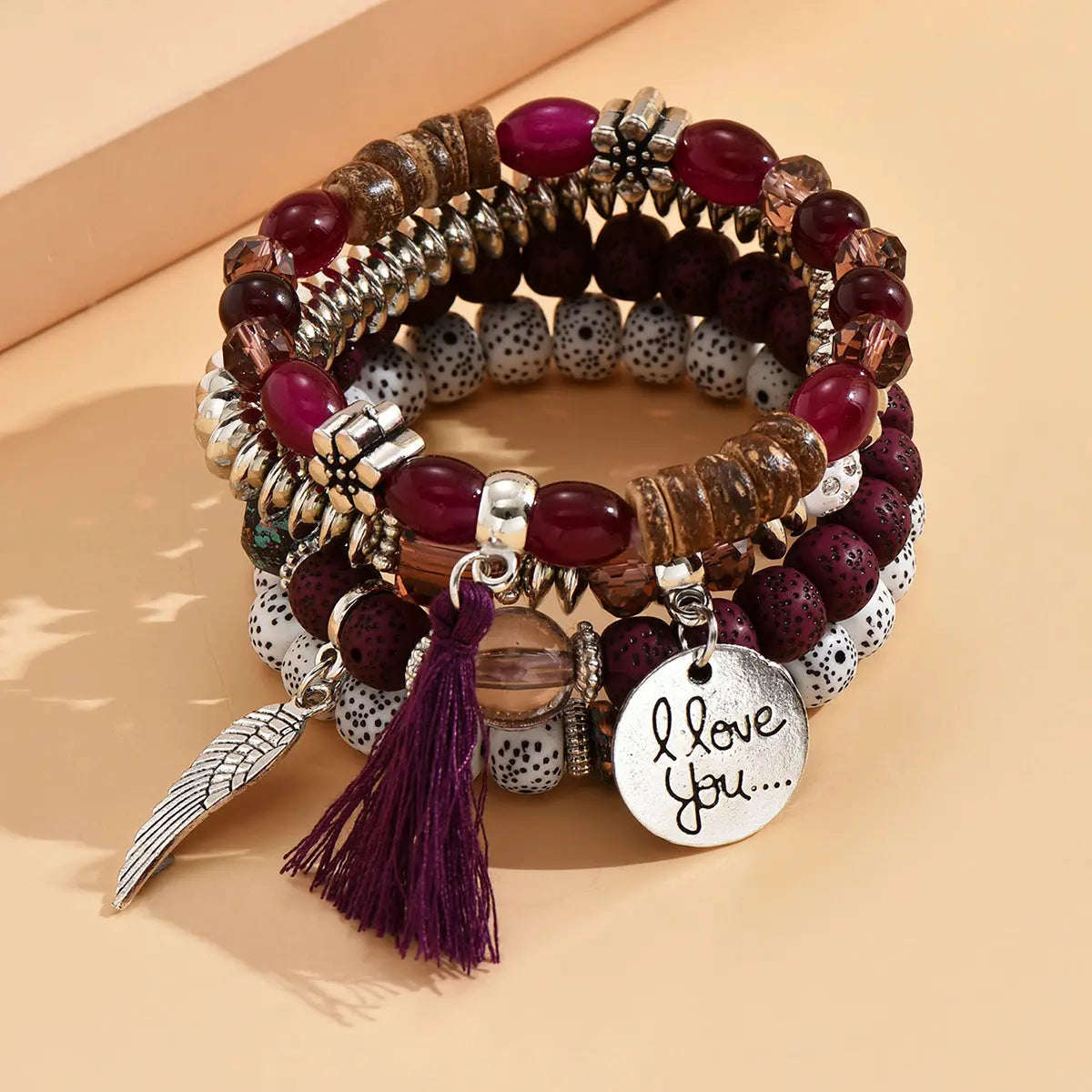 Cross-border European and American new crystal multi-layer contrasting turquoise bracelet leaf alloy tassel 4-piece set AQP-STORE