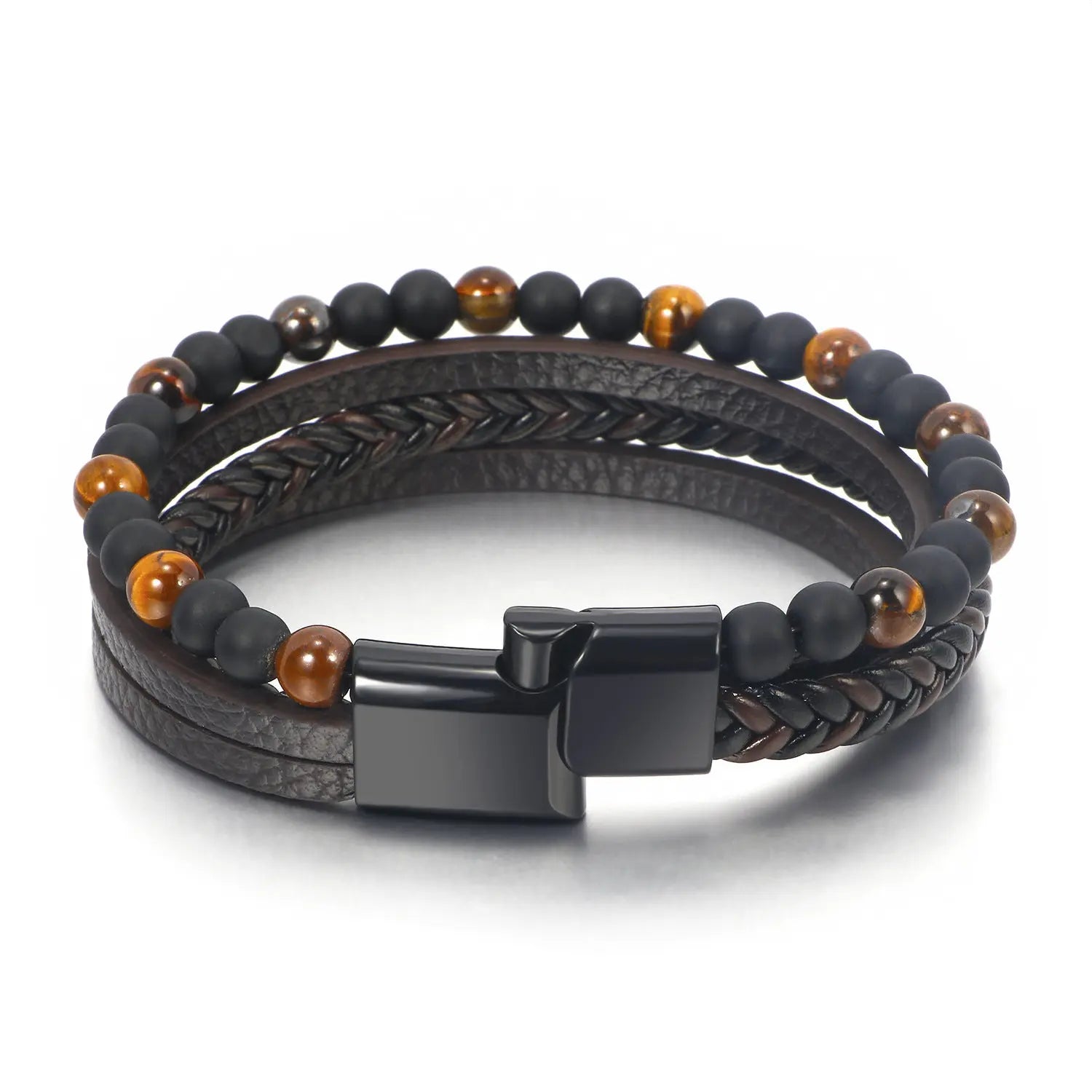 Hot Selling Natural Tiger Eye Stone Beaded Men's Bracelet Hand Woven Multi-Layered Leather Bracelet Ready Stock Wholesale AQP-STORE