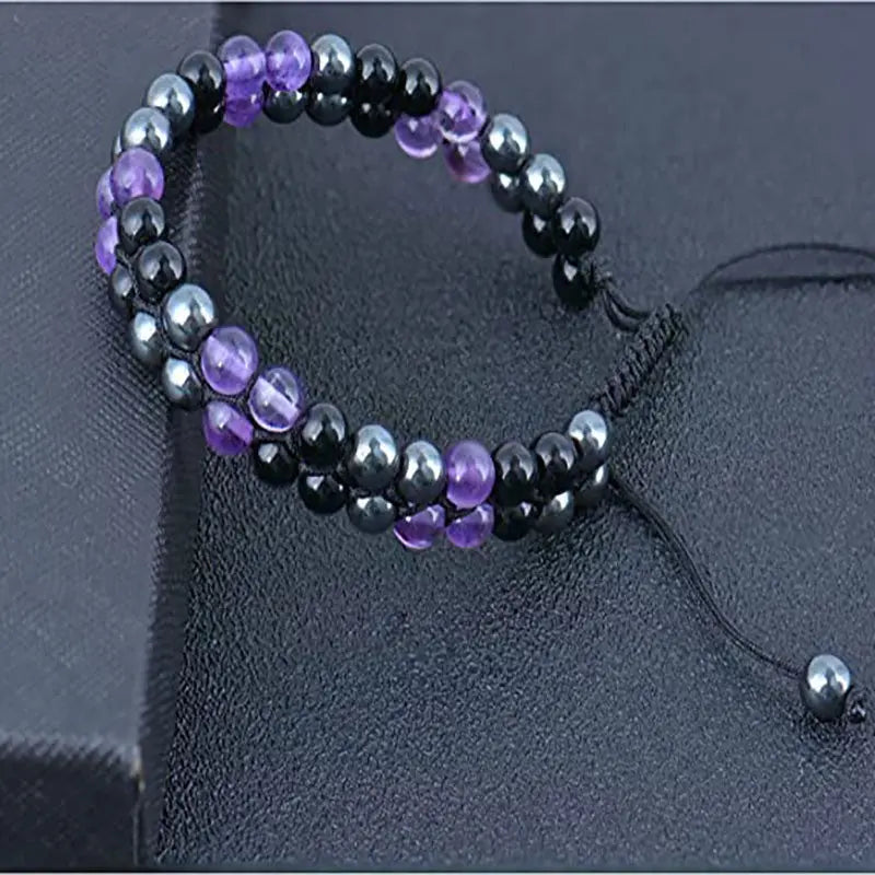 European and American 8MM natural amethyst double-layer bracelet adjustable black magnet beaded bracelet for men and women couples bracelet AQP-STORE